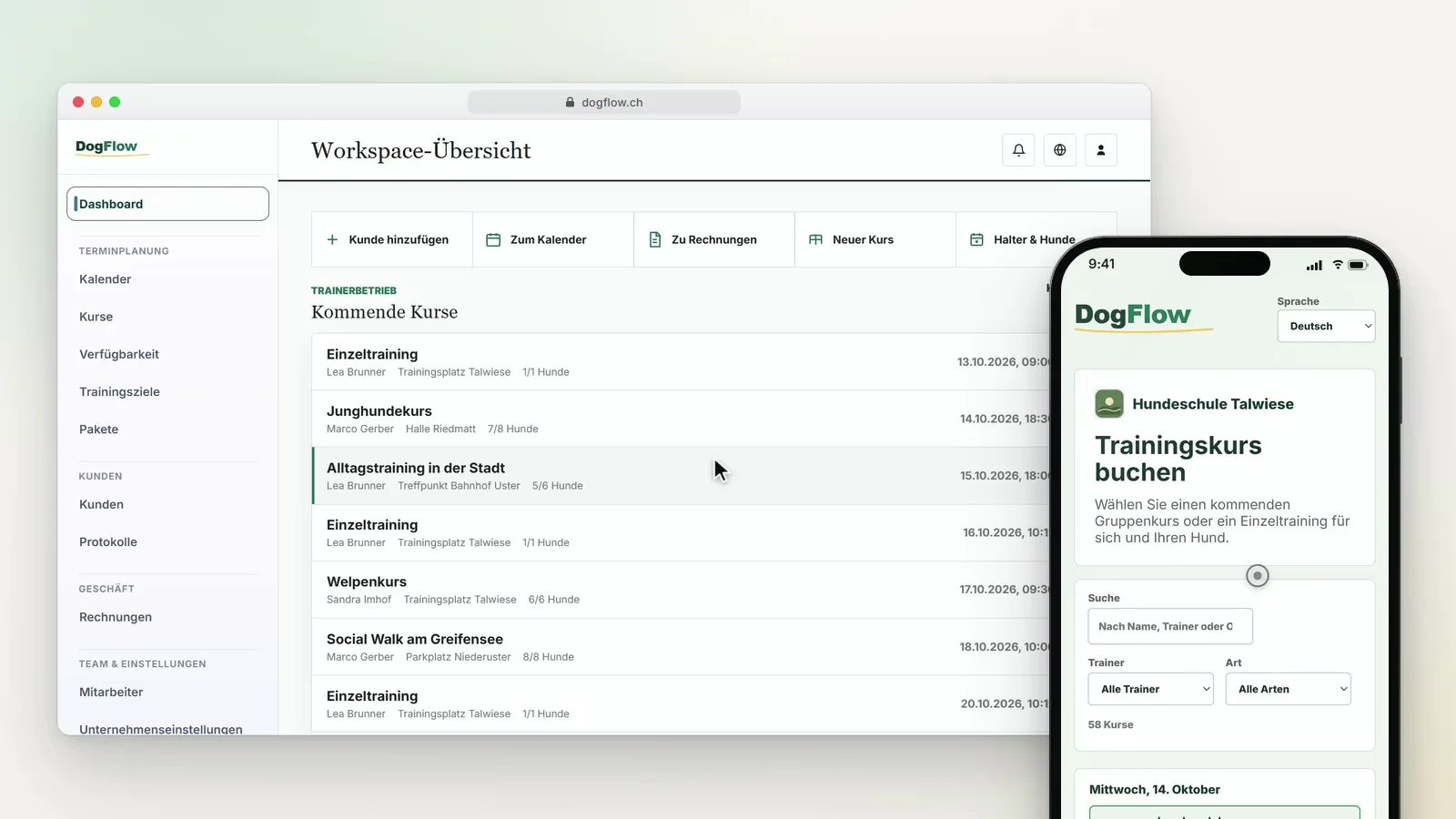 DogFlow am Bildschirm und auf dem Handy