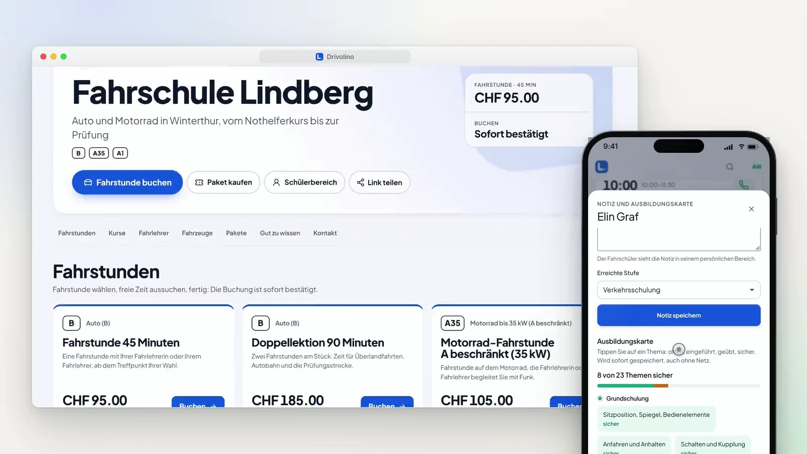 Drivolino am Bildschirm und auf dem Handy