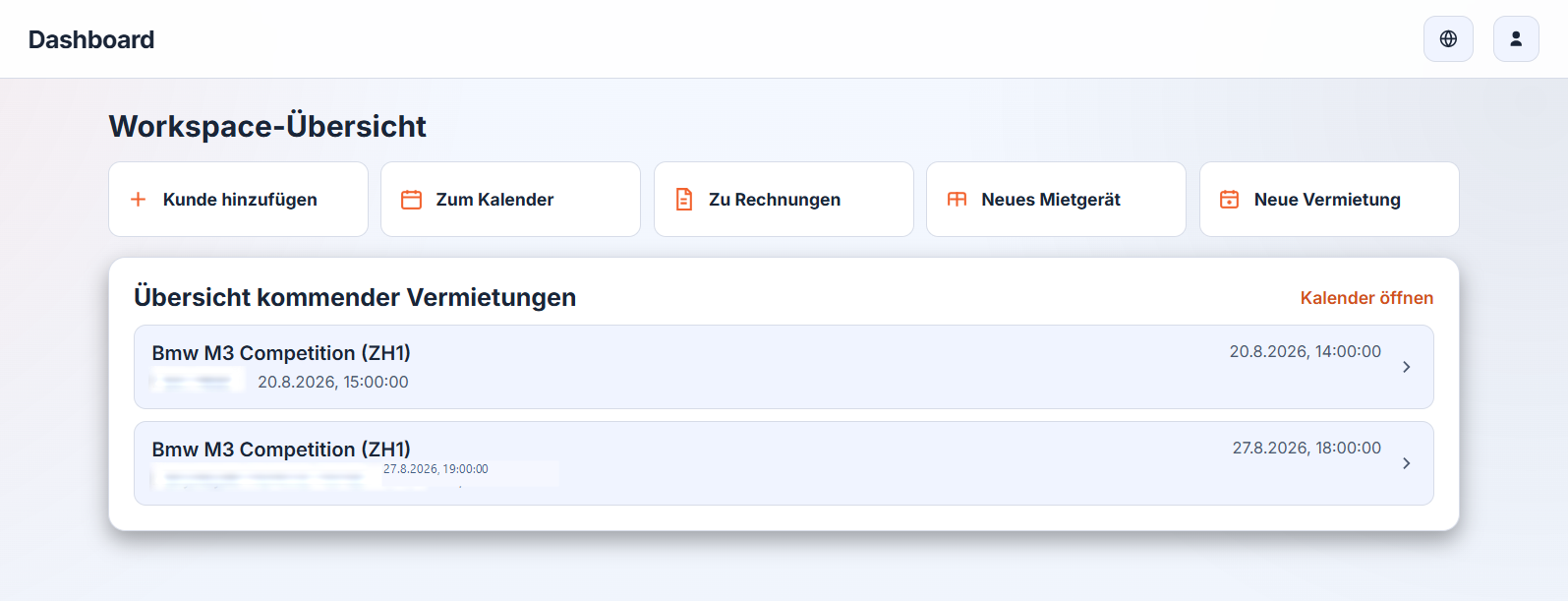 Rentolino: Workspace-Übersicht